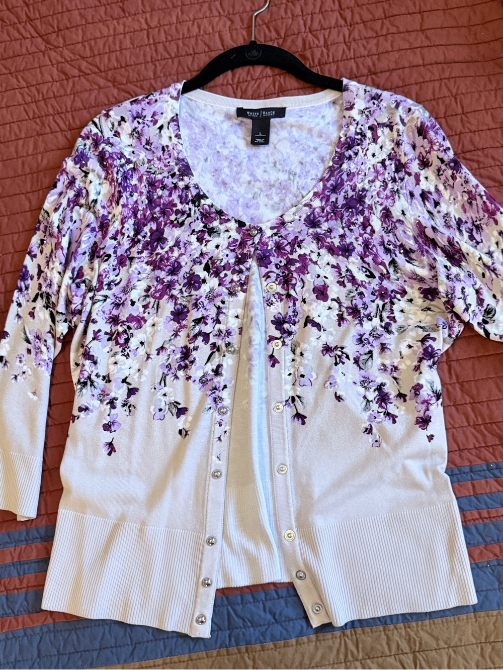 White House Black Market Cream Cardigan with Purple Floral Print